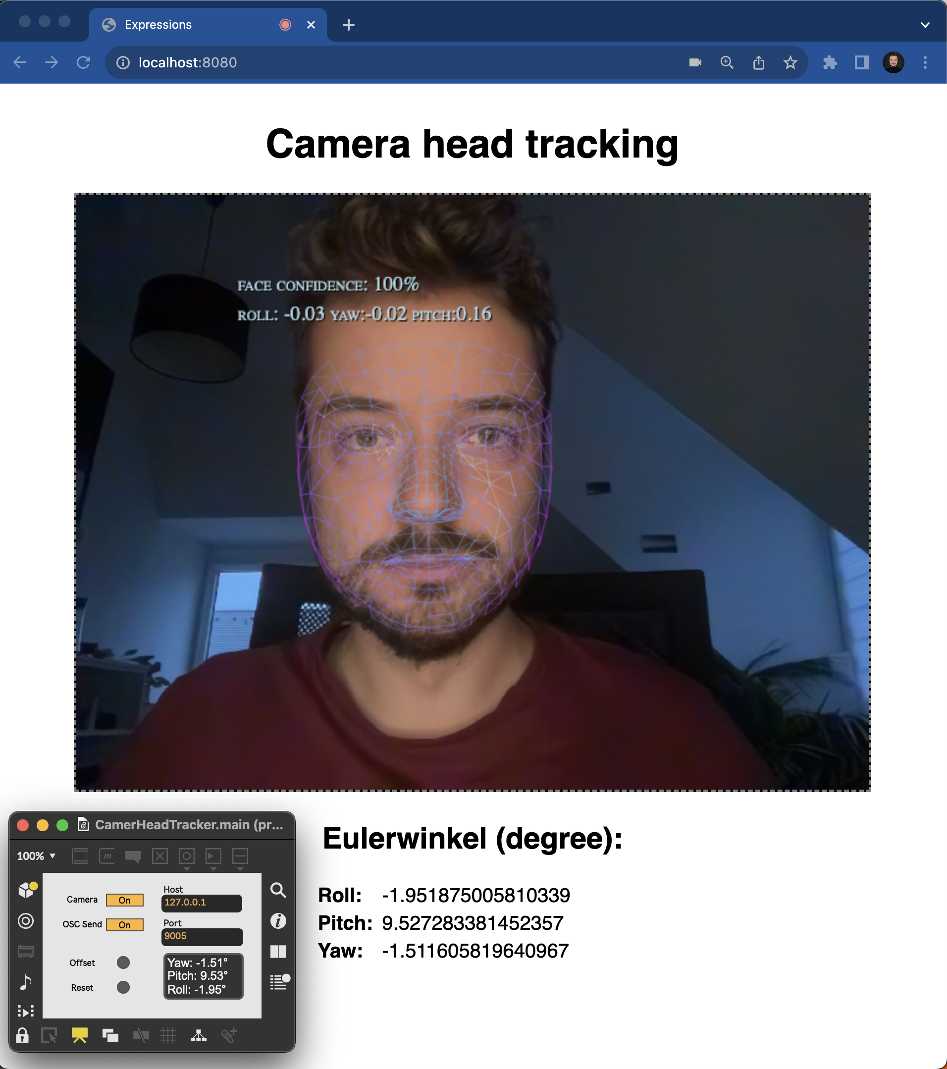 Webcam-Bild mit Gesichtserkennungs-Overlay im Browser. (Unten links) Max-Patch mit Controls zum Senden der Rotationsdaten über UDP im Präsentationsmodus.